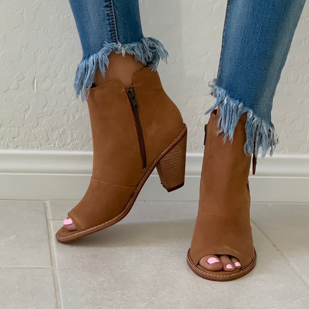 Cognac Genuine Leather Peep Toe Ankle Bootie - Picture 7 of 8